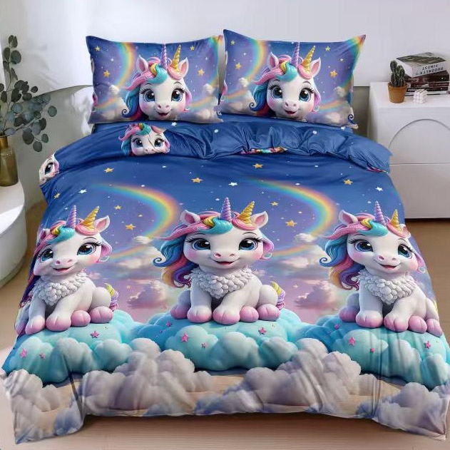 Lenjerie pat dublu bumbac satinat - 3 Bucati 219 Lei - Albastru unicorni 1 Lenjerie pat dublu bumbac satinat - 3 Bucati 219 Lei - Albastru unicorni