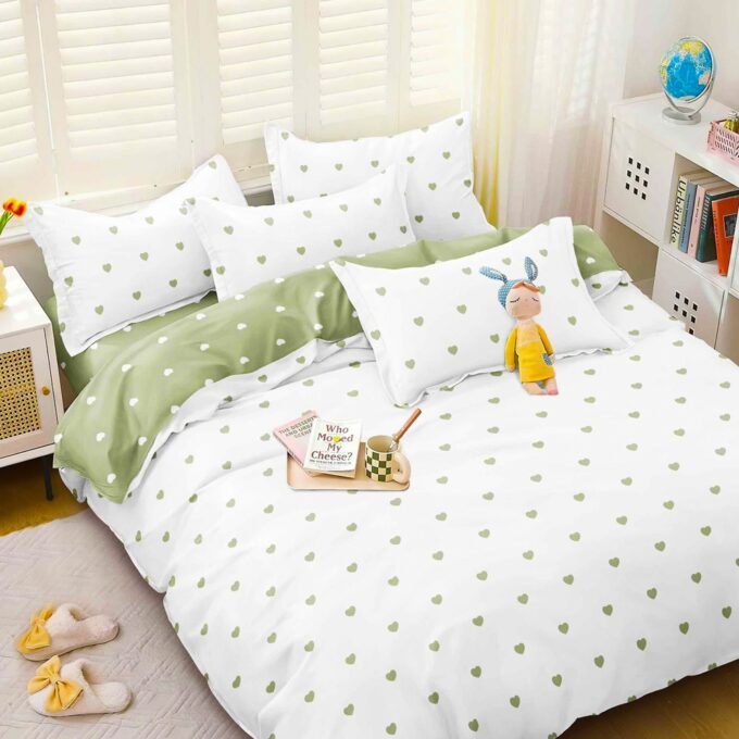 Lenjerie pat dublu cu Elastic, bumbac satinat, Alb, Verde, inimioare 1 Lenjerie pat dublu cu Elastic, bumbac satinat, Alb, Verde, inimioare