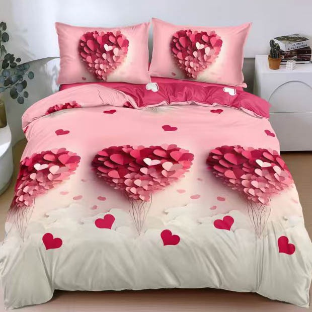 Lenjerie pat dublu cu Elastic, bumbac satinat, Alb, Roz, inimioare 1 Lenjerie pat dublu cu Elastic, bumbac satinat, Alb, Roz, inimioare