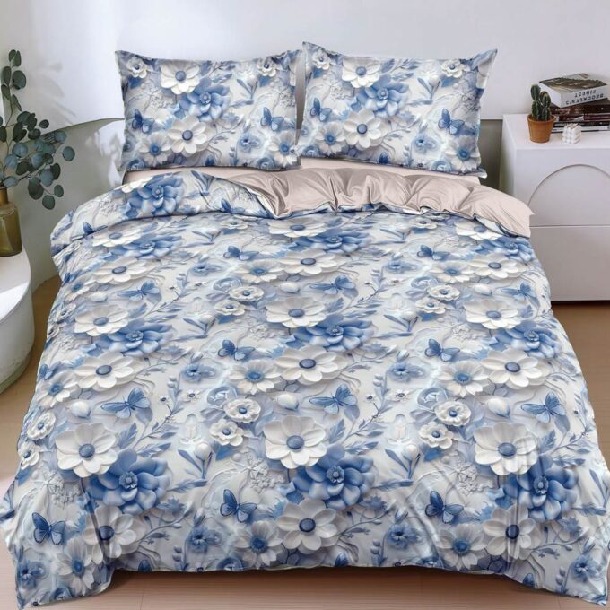 Lenjerie pat dublu cu Elastic, bumbac satinat, Albastru, floricele 1 Lenjerie pat dublu cu Elastic, bumbac satinat, Albastru, floricele
