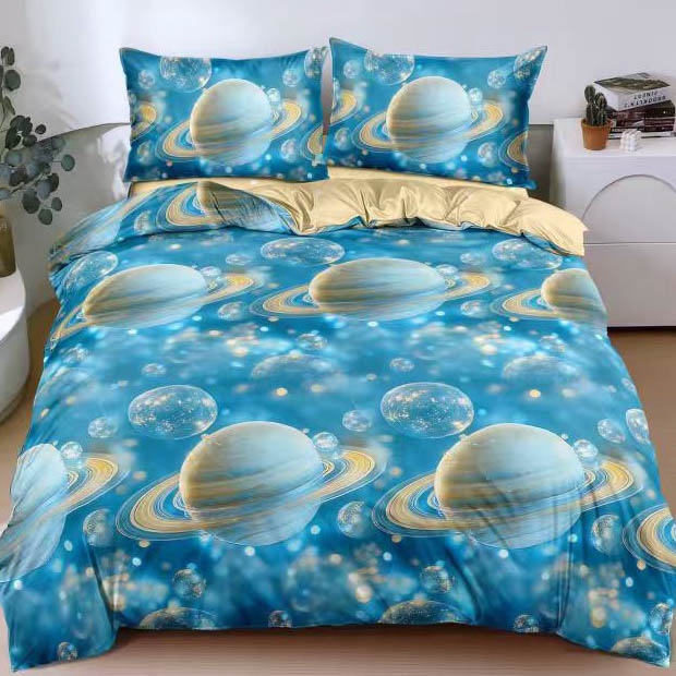 Lenjerie pat dublu cu Elastic, bumbac satinat, Albastru, planete 1 Lenjerie pat dublu cu Elastic, bumbac satinat, Albastru, planete