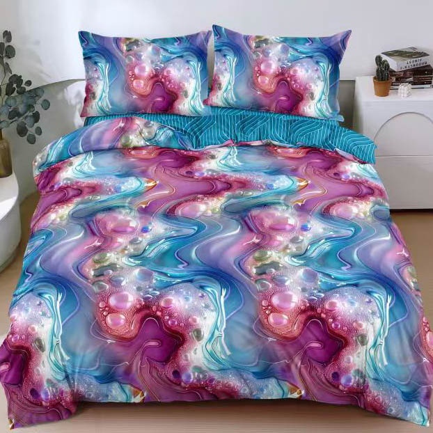 Lenjerie pat dublu cu Elastic, bumbac satinat, Albastru, Mov, abstract 1 Lenjerie pat dublu cu Elastic, bumbac satinat, Albastru, Mov, abstract