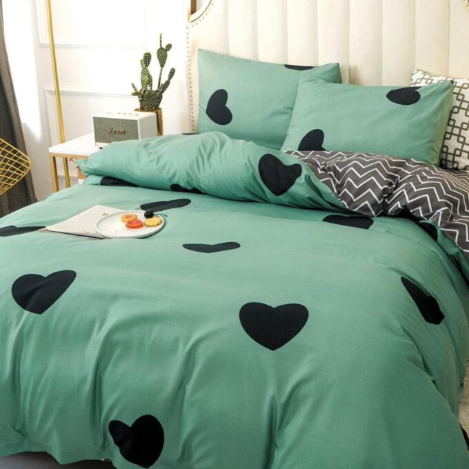 Lenjerie pat dublu, bumbac satinat, cearsaf clasic, 4 piese,  Verde, inimioare