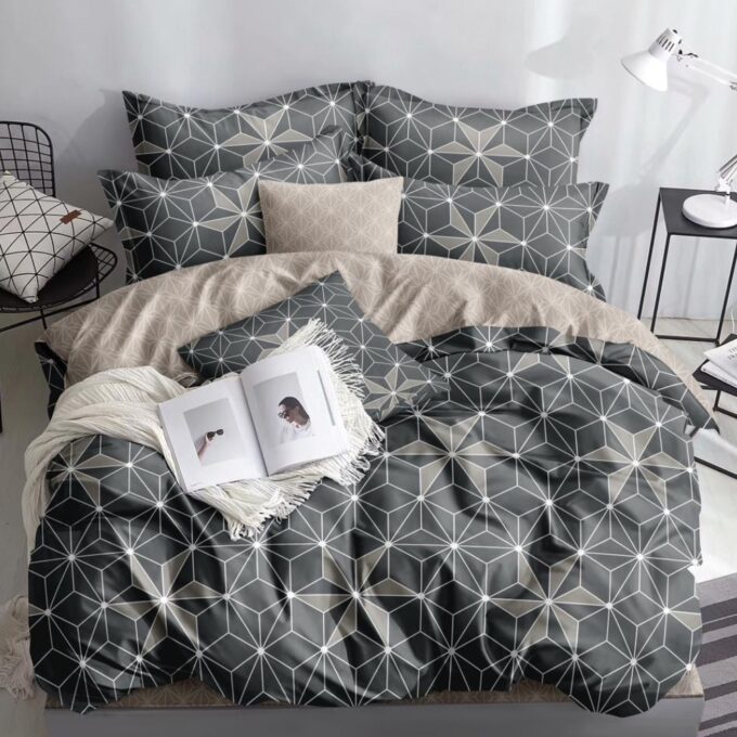 Lenjerie pat dublu, bumbac satinat, cearsaf clasic, 4 piese, Gri, forme geometrice 1 Lenjerie pat dublu, bumbac satinat, cearsaf clasic, 4 piese, Gri, forme geometrice