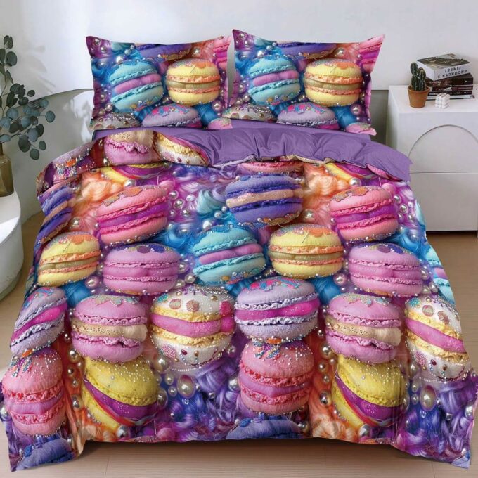 Lenjerie pat dublu, bumbac satinat, cearsaf clasic, 4 piese, Mov, multicolor, macarons 1 Lenjerie pat dublu, bumbac satinat, cearsaf clasic, 4 piese, Mov, multicolor, macarons