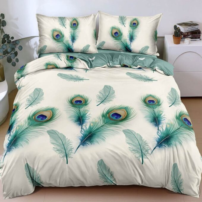 Lenjerie pat dublu, bumbac satinat, cearsaf clasic, 4 piese, Alb, Verde, pene de paun 1 Lenjerie pat dublu, bumbac satinat, cearsaf clasic, 4 piese, Alb, Verde, pene de paun