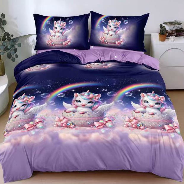 Lenjerie pat dublu, bumbac satinat, cearsaf clasic, 4 piese, Albastru, Mov, unicorni 1 Lenjerie pat dublu, bumbac satinat, cearsaf clasic, 4 piese, Albastru, Mov, unicorni