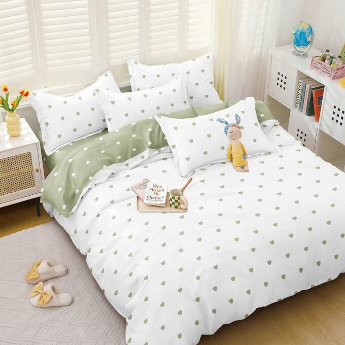 Lenjerie pat dublu, bumbac satinat, cearsaf clasic, 4 piese, Alb, Verde, inimioare 1 Lenjerie pat dublu, bumbac satinat, cearsaf clasic, 4 piese, Alb, Verde, inimioare