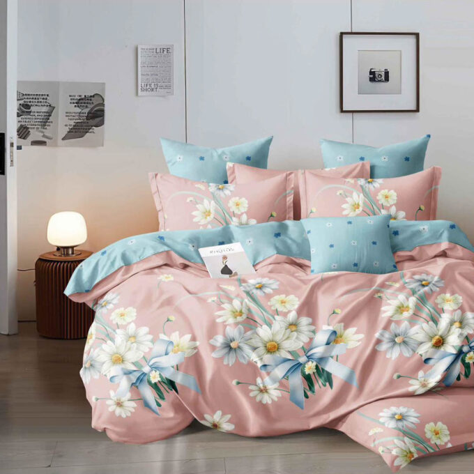 Lenjerie pat dublu, Finet, 6 piese, Roz, Bleu, flori 1 Lenjerie pat dublu, Finet, 6 piese, Roz, Bleu, flori