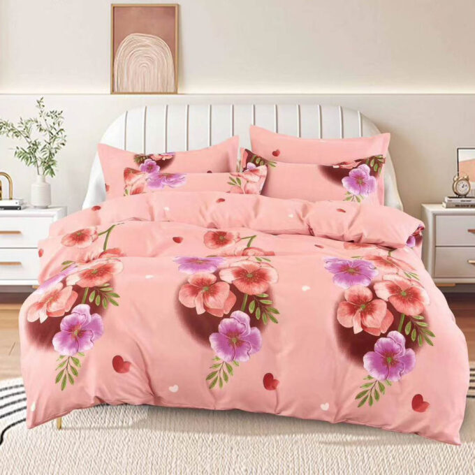 Lenjerie pat dublu, Finet, 6 piese, Roz, flori 1 Lenjerie pat dublu, Finet, 6 piese, Roz, flori