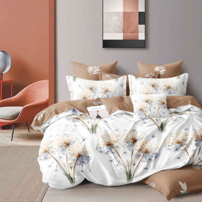 Lenjerie pat dublu, Finet, 6 piese, Crem, Maro, flori