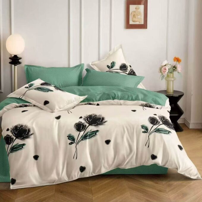 Lenjerie pat dublu cu ELASTIC, Finet, 6 piese, Crem, Verde, flori 1 Lenjerie pat dublu cu ELASTIC, Finet, 6 piese, Crem, Verde, flori