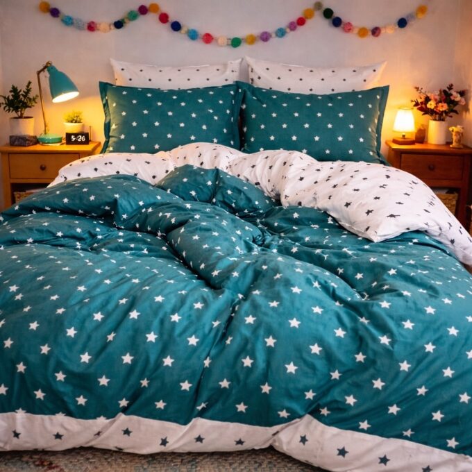 Lenjerie pat dublu, Finet, 6 piese, Turquoise, stelute 1 Lenjerie pat dublu, Finet, 6 piese, Turquoise, stelute