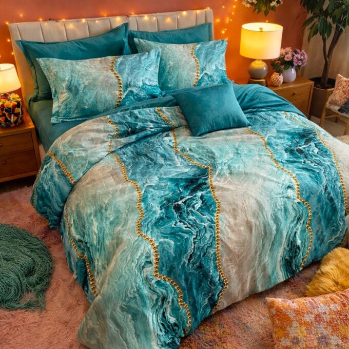 Lenjerie pat dublu, Finet, 6 piese, Albastru Aqua, valuri abstracte, perle 1 Lenjerie pat dublu, Finet, 6 piese, Albastru Aqua, valuri abstracte, perle