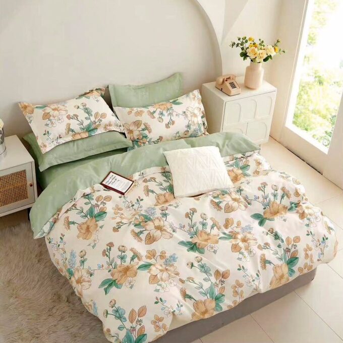 Lenjerie pat dublu cu ELASTIC, Finet, 6 piese, Verde, flori 1 Lenjerie pat dublu cu ELASTIC, Finet, 6 piese, Verde, flori
