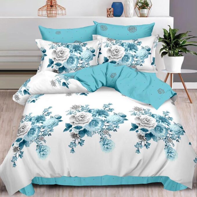 Lenjerie pat dublu cu ELASTIC, Finet, 6 piese, Bleu, flori 1 Lenjerie pat dublu cu ELASTIC, Finet, 6 piese, Bleu, flori