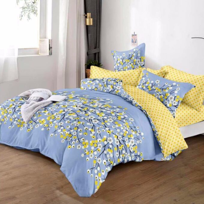 Lenjerie pat dublu cu ELASTIC, Finet, 6 piese, Bleu, flori 1 Lenjerie pat dublu cu ELASTIC, Finet, 6 piese, Bleu, flori