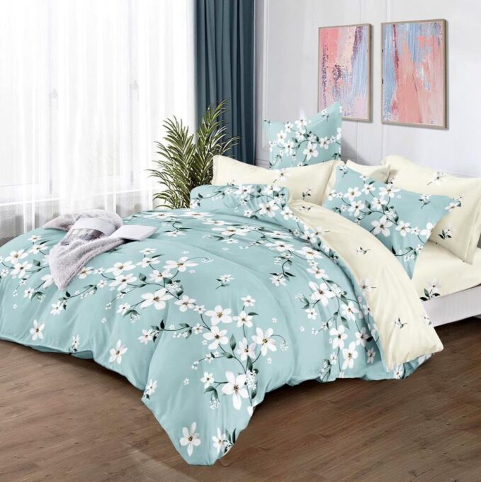 Lenjerie pat dublu cu ELASTIC, Finet, 6 piese, Bleu, flori 1 Lenjerie pat dublu cu ELASTIC, Finet, 6 piese, Bleu, flori