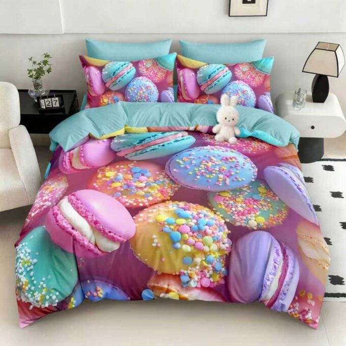 Lenjerie pat dublu, FINET, Imprimeu Digital 5D - Identic cu poza, Cu ELASTIC, 6 piese, Pucioasa, Roz, Bleu macarons