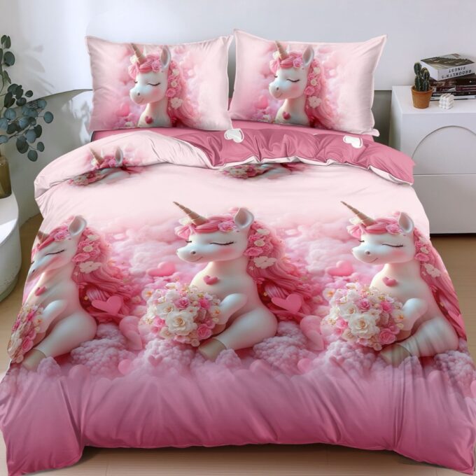 Lenjerie pat dublu cu Elastic, bumbac satinat, Roz, unicorni 1 Lenjerie pat dublu cu Elastic, bumbac satinat, Roz, unicorni