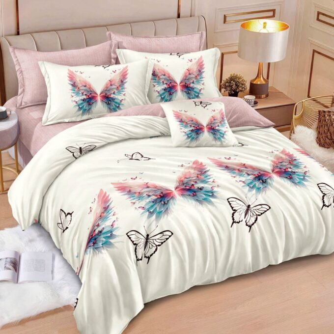 Lenjerie pat dublu, Finet, 6 piese, Roz, Crem, fluturi 1 Lenjerie pat dublu, Finet, 6 piese, Roz, Crem, fluturi