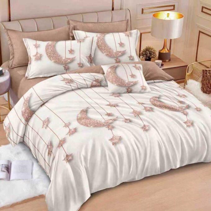 Lenjerie pat dublu cu ELASTIC, Finet, 6 piese, Roz, Crem, luna si stele 1 Lenjerie pat dublu cu ELASTIC, Finet, 6 piese, Roz, Crem, luna si stele