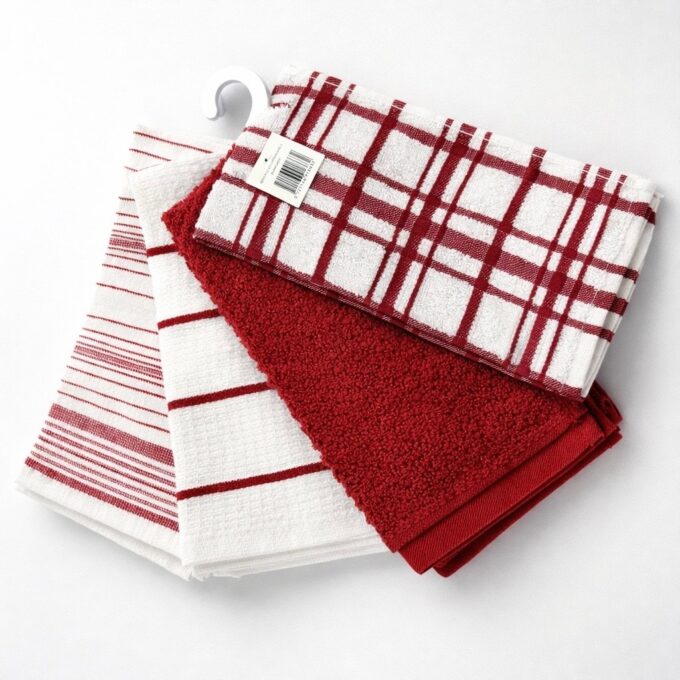 Set 4 prosoape mici pt Bucatarie, 30x55cm, din 100% bumbac pakistanez, 350g, Line, Alb-Rosu