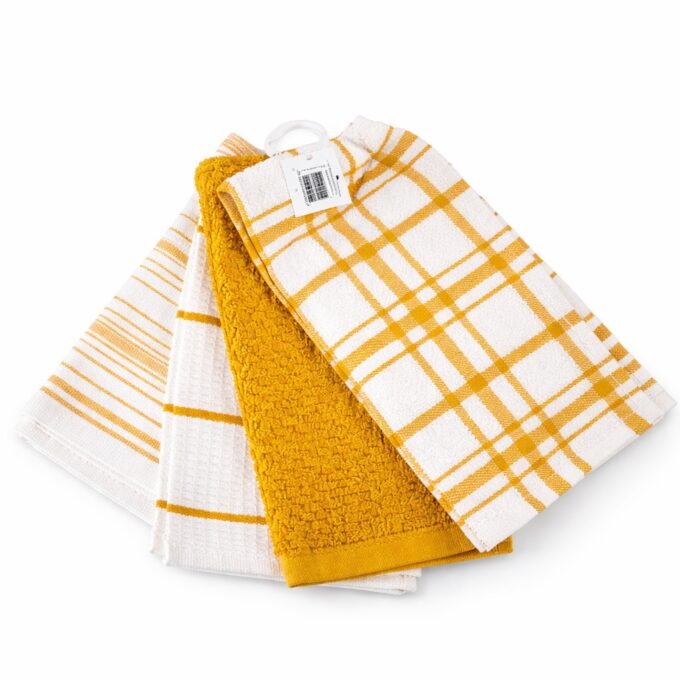 Set 4 prosoape mici pt Bucatarie, 30x55cm, din 100% bumbac pakistanez, 350g, Line, Alb-Galben