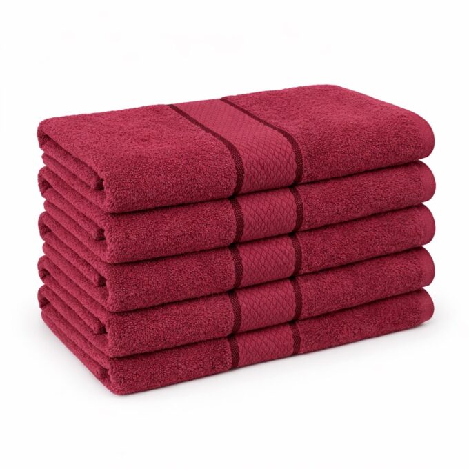 Set 5 prosoape medii 50x90cm, din 100% bumbac pakistanez,  400g, Line, Visiniu