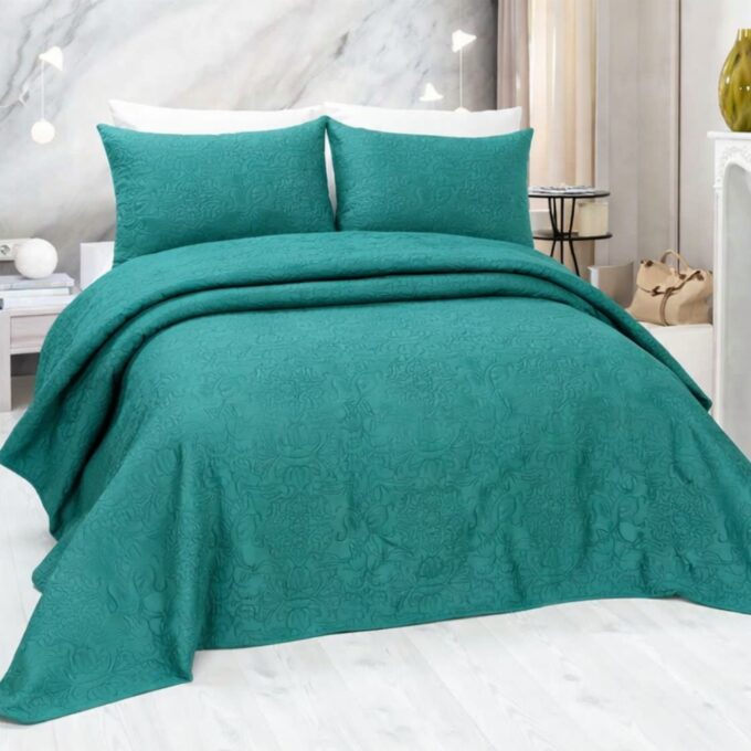Cuvertura matlasata ultralux, verde, pentru pat dublu 220x240cm si 2 fete de perne 50x70