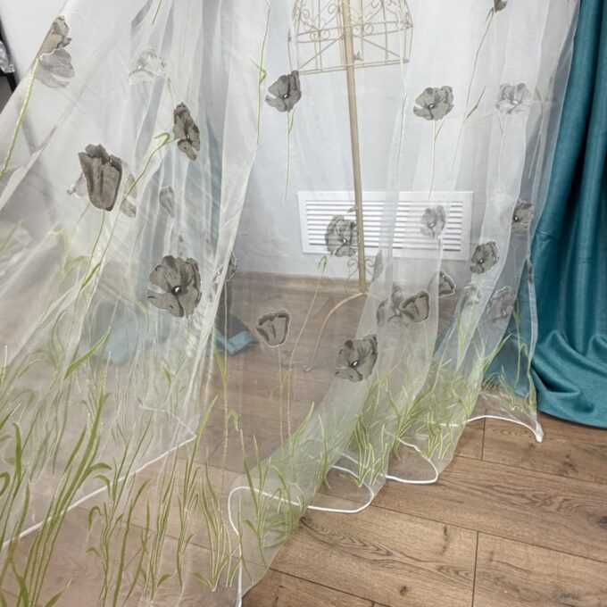 Perdea Maci Gri din matase imprimata, Ivoire, 400cm latime x 270cm inaltime cu rejansa pt sina