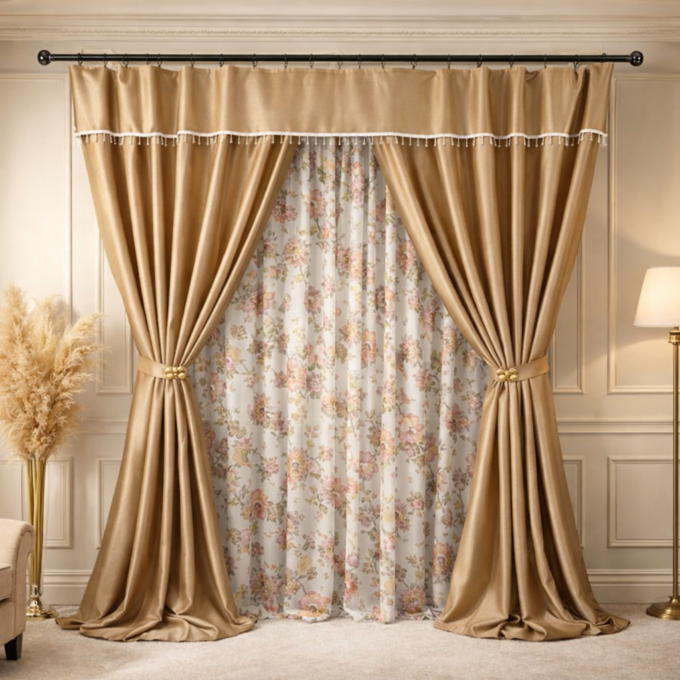 Set 3 metri de 2 bucati de Draperie BlackOut, Pearls, 150cm latime x 270cm inaltime, cu rejansa pt sina, Bej cu Sclipici