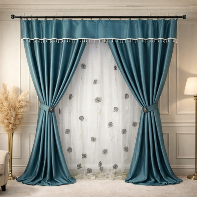 Set 3 metri de 2 bucati de Draperie BlackOut, Pearls, 150cm latime x 270cm inaltime, cu rejansa pt sina, Turquoise cu Sclipici