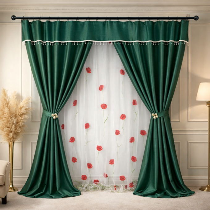 Set 3 metri de 2 bucati de Draperie BlackOut, Pearls, 150cm latime x 270cm inaltime, cu rejansa pt sina, Verde cu Sclipici