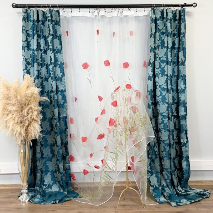 Set 2 Draperii Jacquard, Roses, 150cm latime x 270cm inaltime, Turquoise + Perdea 400cm latime x 270cm inaltime, din Matase Imprimata, Maci Rosii