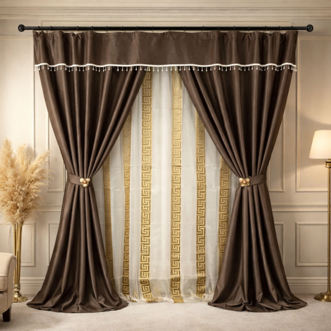 Set 3 metri de 2 bucati de Draperie BlackOut, Pearls, 150cm latime x 270cm inaltime, cu rejansa pt sina, Maro cu Sclipici