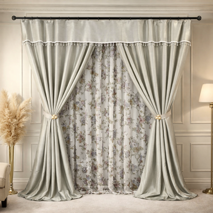 Set 3 metri de 2 bucati de Draperie BlackOut, Pearls, 150cm latime x 270cm inaltime, cu rejansa pt sina, Crem cu Sclipici