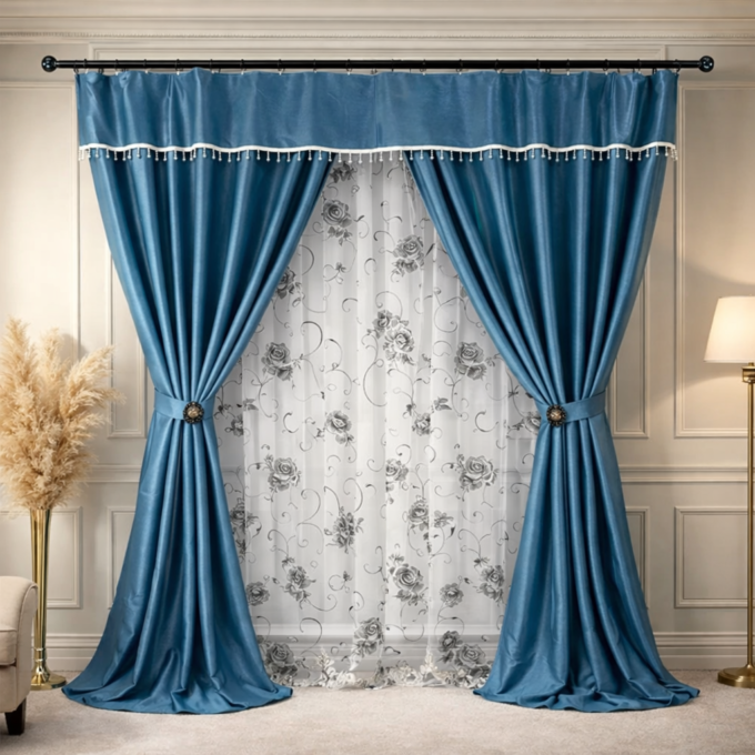Set 3 metri de 2 bucati de Draperie BlackOut, Pearls, 150cm latime x 270cm inaltime, cu rejansa pt sina, Albastru cu Sclipici