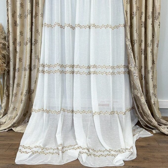 Perdea Alba, Luxury, tip In cu Broderie Bej, 400cm latime x 270cm inaltime cu rejansa pt sina