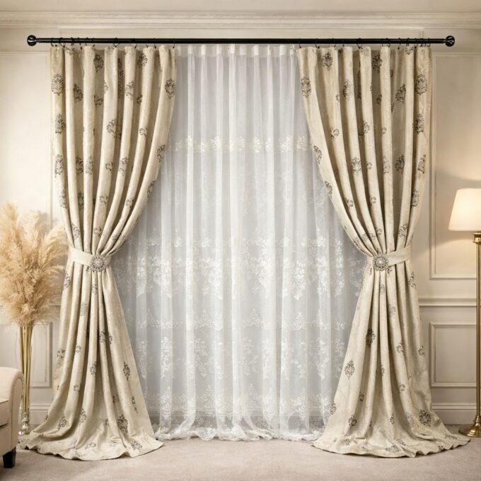 Set 2 Draperii Jacquard, Royal, 150cm latime x 270cm inaltime, Grej deschis + Perdea 400cm latime x 270cm inaltime, tip in cu broderie Roses