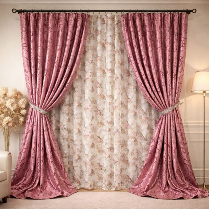 Set 2 Draperii Jacquard, Spiral, 150cm latime x 270cm inaltime, Roz + Perdea 400cm latime x 270cm inaltime, din Matase Imprimata, Iris Roz