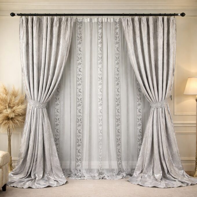 Set 2 Draperii Jacquard, Royal, 150cm latime x 270cm inaltime, Gri mediu + Perdea 400cm latime x 270cm inaltime, din Matase Imprimata, Pene Gri