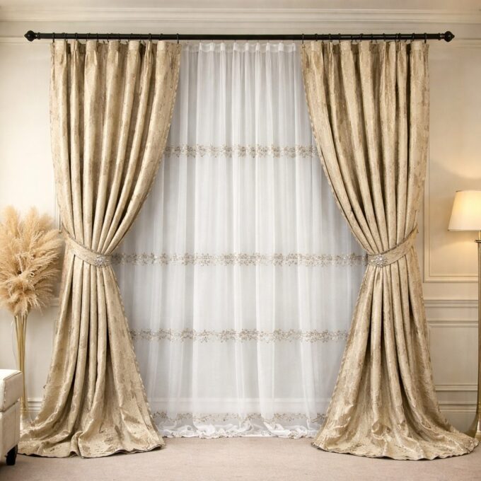 Set 2 Draperii Jacquard, Flori, 150cm latime x 270cm inaltime, Bej + Perdea 400cm latime x 270cm inaltime, tip in cu broderie Bej