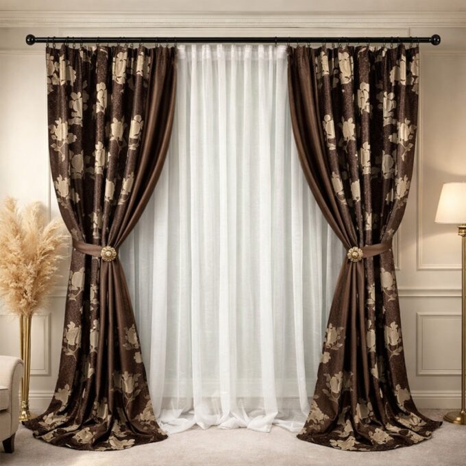 Set 2 Draperii Jacquard, Roses, 150cm latime x 270cm inaltime, Maro + Perdea 400cm latime x 270cm inaltime, tip in cu broderie Lines