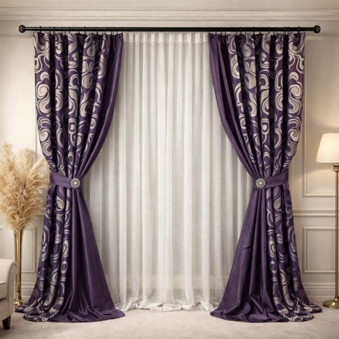 Set 2 Draperii Jacquard, Spiral, 150cm latime x 270cm inaltime, Mov + Perdea 400cm latime x 270cm inaltime, tip in cu broderie Lines