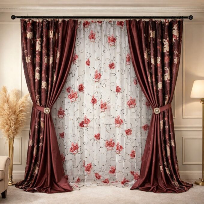 Set 2 Draperii Jacquard, Frunze, 150cm latime x 270cm inaltime, Grena + Perdea 400cm latime x 270cm inaltime, din Matase Imprimata, Bujori Rosii