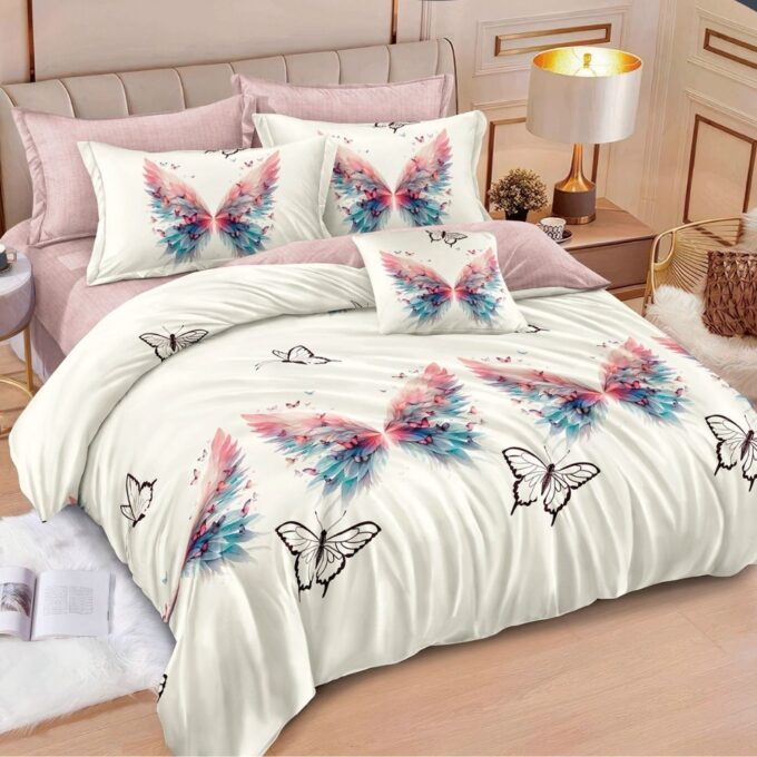 Lenjerie pat dublu cu ELASTIC, Finet, 6 piese, Crem, Roz, fluturi 1 Lenjerie pat dublu cu ELASTIC, Finet, 6 piese, Crem, Roz, fluturi