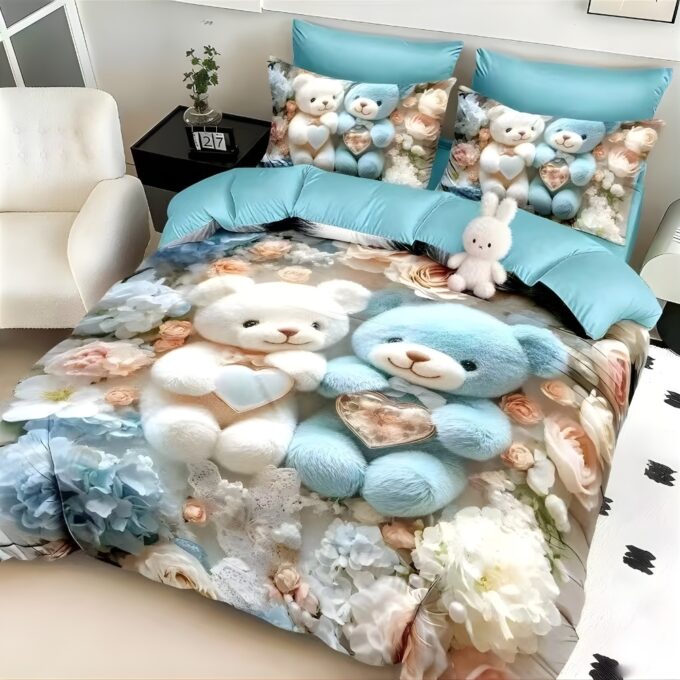 Lenjerie pat dublu, FINET, Imprimeu Digital 5D - Identic cu poza, Cu ELASTIC, 6 piese, Crem, Bleu, ursuleti