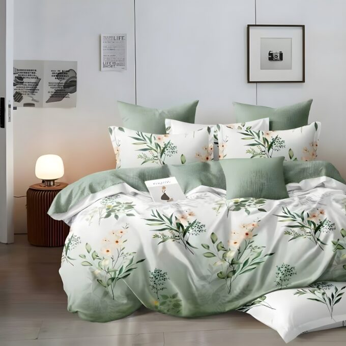 Lenjerie pat dublu cu ELASTIC, Finet, 6 piese, Verde, flori 1 Lenjerie pat dublu cu ELASTIC, Finet, 6 piese, Verde, flori