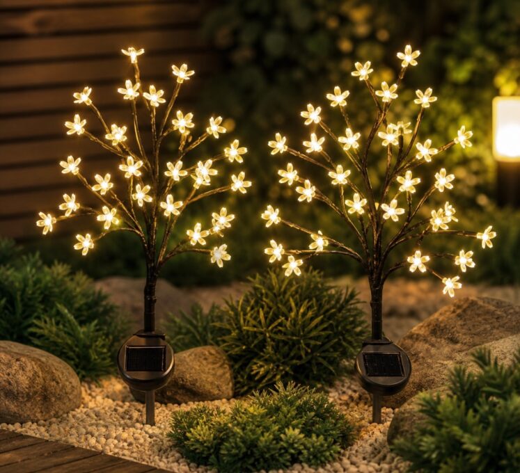 Set 2 Lampi Solare Decorative Tip Bonzai cu Flori Lumina Calda – Iluminare LED, Design Elegant si Functionare Automata 1 Set 2 Lampi Solare Decorative Tip Bonzai cu Flori Lumina Calda – Iluminare LED, Design Elegant si Functionare Automata